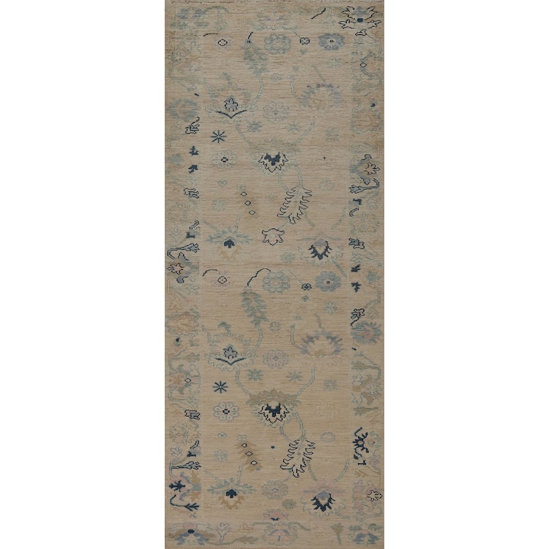 Beige Oushak Turkish Runner Rug Hand-Knotted Oriental Wool Carpet - 3'0" x 9'9"