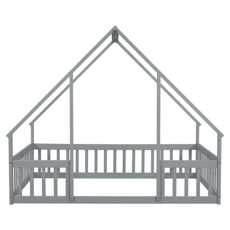 Grey Full Size Pine Wood House-Shaped Floor Bed with Fence, Guardrails and Roof for Bedroom