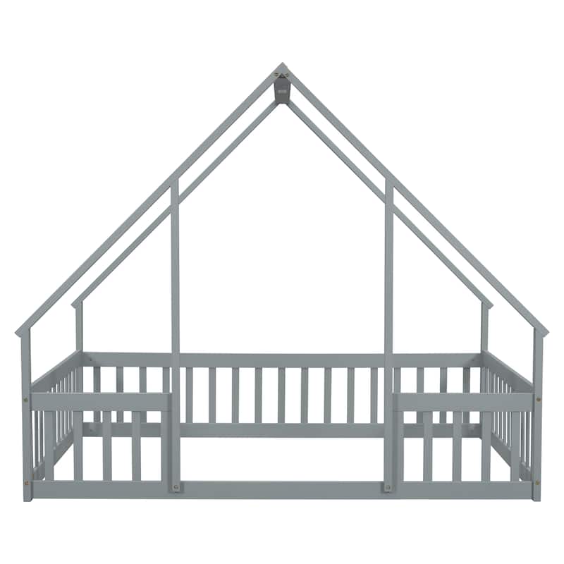 Grey Full Size Pine Wood House-Shaped Floor Bed with Guardrails
