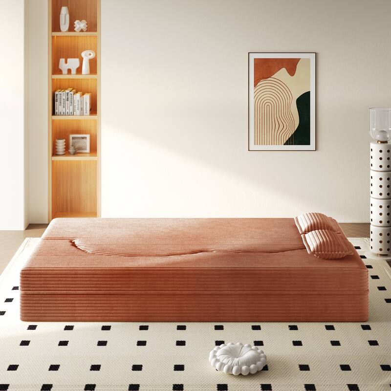 Modern Floor Sofa with 2 Pillows,Convertible Teddy Fabric Foam-Filled Sleeper Sofa Bed