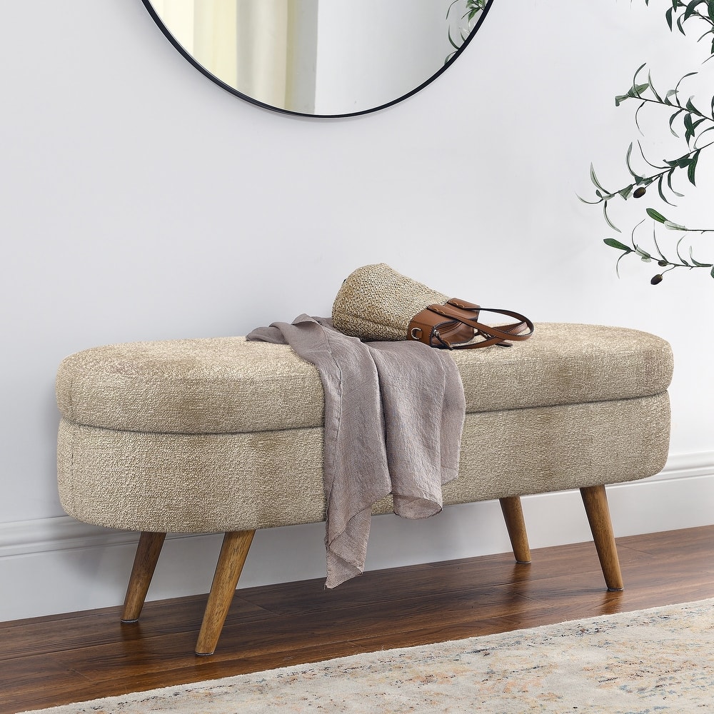 Oval Storage Ottoman Bench, Decorative End of Bed Bench 43.5 Inches Upholstered Storage Ottoman with Solid Wood Legs