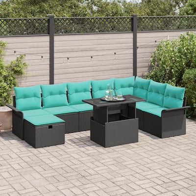 vidaXL 9 Piece Outdoor Sofa Set with Cushions Black Poly Rattan - 117.1×73.8×27.2