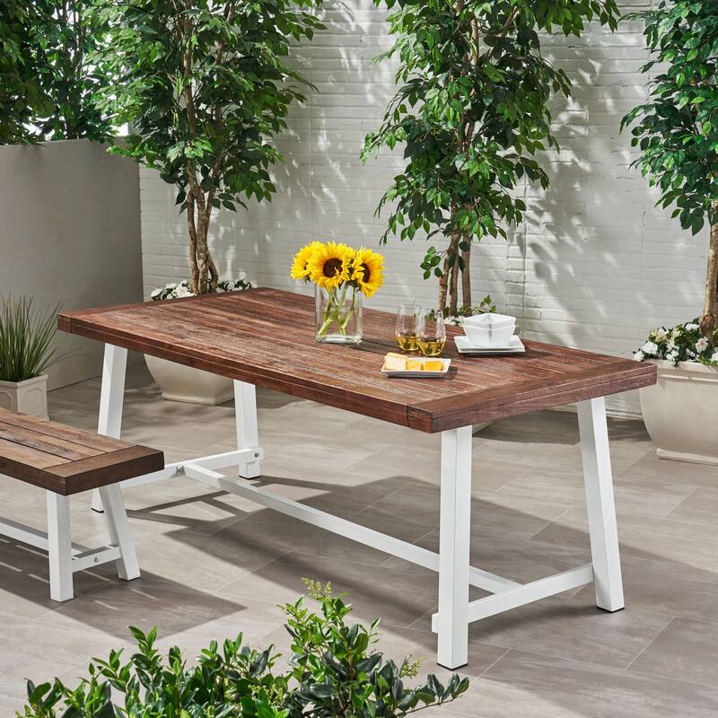 Roomfitters Modern Outdoor Dining Table with Wood Top and Black Powder-Coated Frame for Patio or Garden - Brown