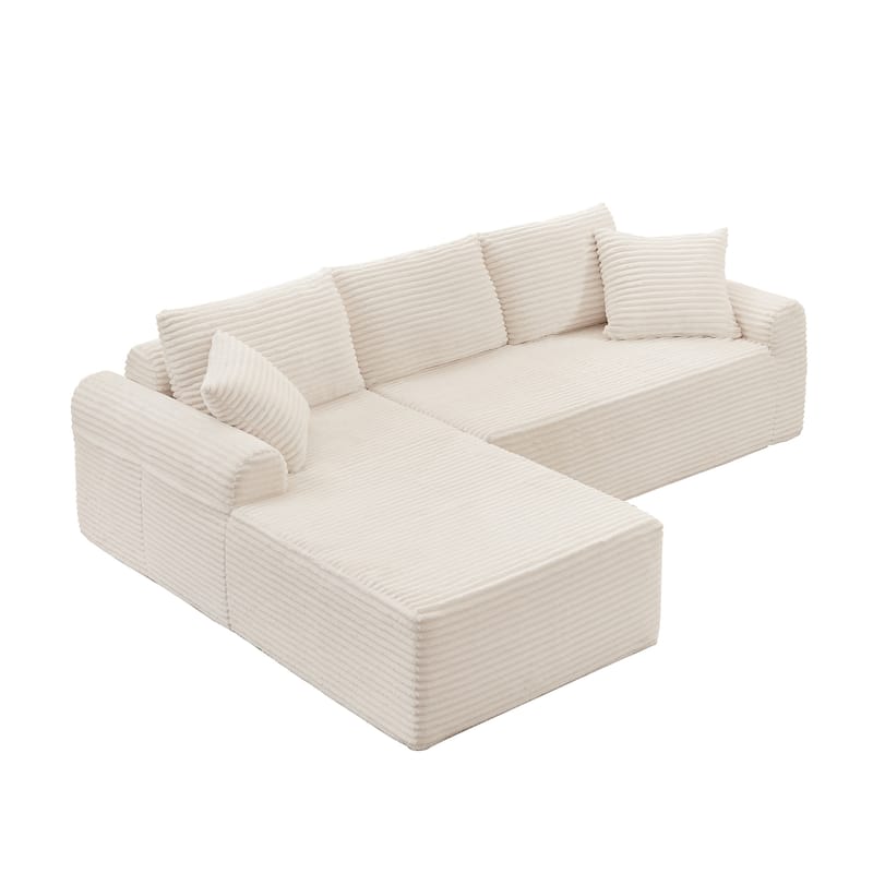 Modular Cloud Sectional Couch with Chaise, Corduroy Upholstered Boneless Sofa, Full-Compression Sofa with 2 Throw Pillows