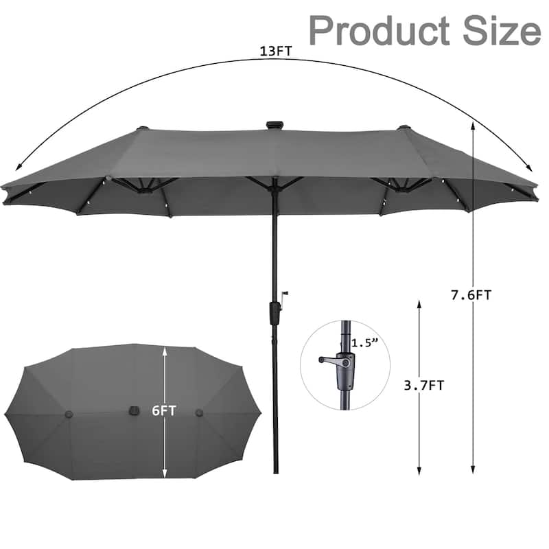 Ainfox 13ft Double-sided Patio Umbrella Solar LED Lighted Outdoor Martet Umbrella with Base
