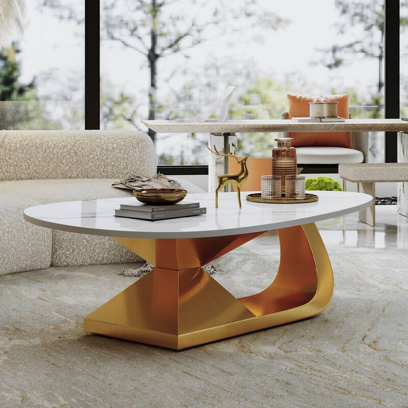 Modern Sintered Stone Tabletop Coffee Table With Stainless Steel Base - Elegant And Durable Living Room Centerpiece