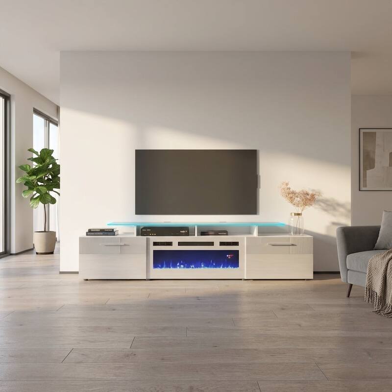 Meble Furniture Rova WH-EF Electric Fireplace 75" TV Stand and High Gloss Finish for up to 85" TVs