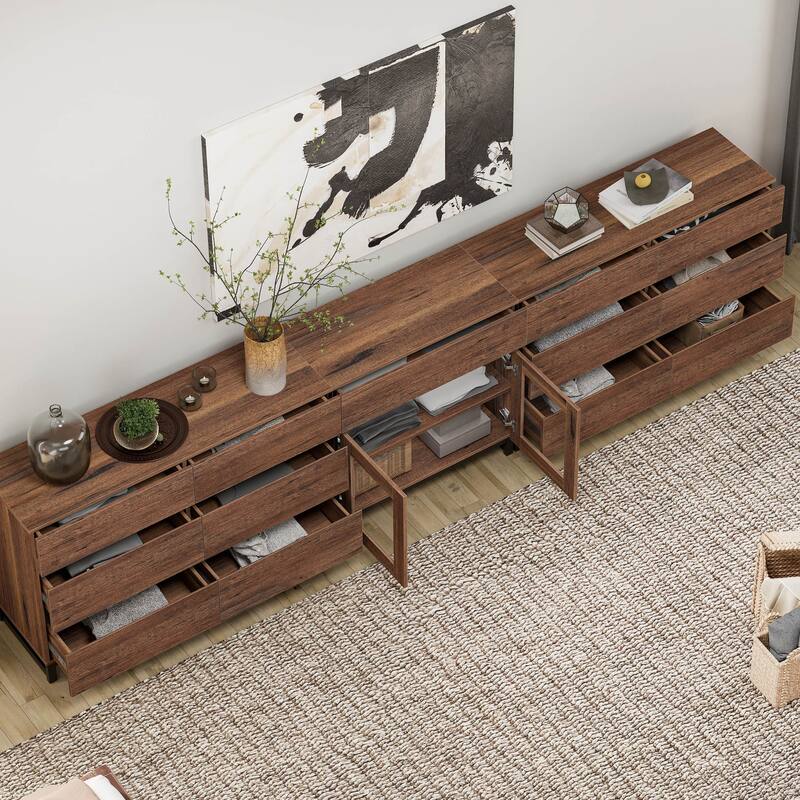 WAMPAT 3 in 1 Modern Dresser with Glass Doors and 3 Drawers, Chest of Drawers for Bedroom