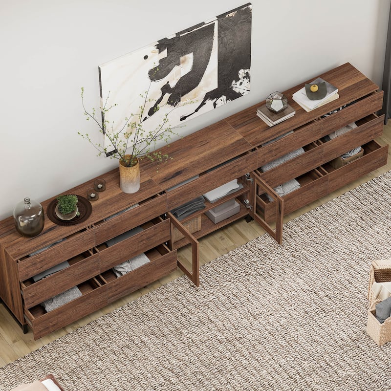 WAMPAT 3 in 1 Modern Sideboard with Glass Doors and 3 Drawers, Coffee Bar Cabinet for Kitchen