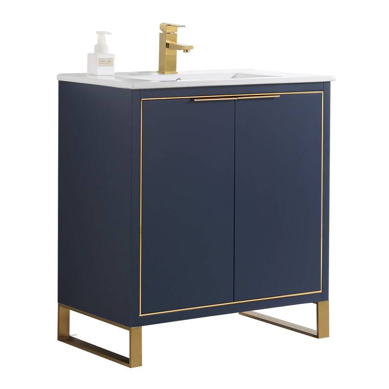 Fine Fixtures Opulence Collection Bathroom Vanity with White Ceramic Sink - 30 Inch - Navy Blue - Satin Brass Hardware
