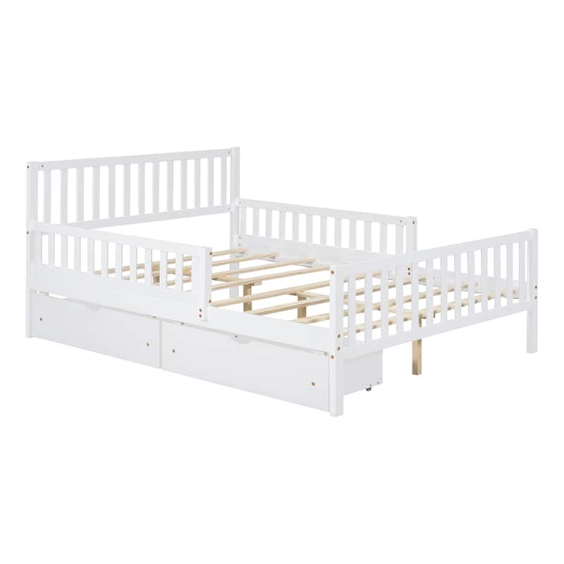 Full Size Wood Platform Bed with Guardrails on Both Sides and Two Storage Drawers