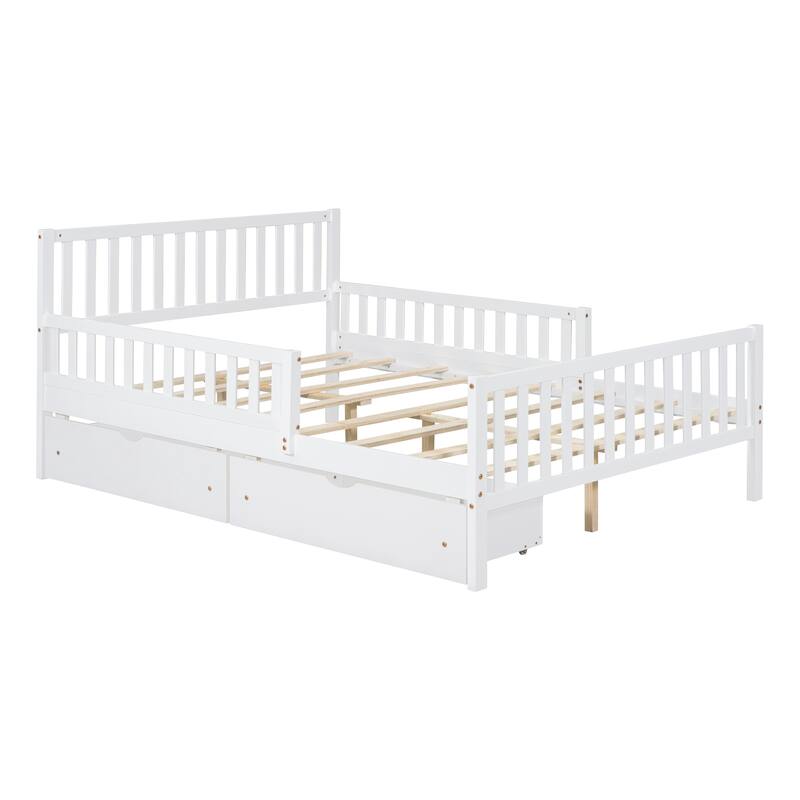 Wooden Platform Bed Underbed Storage Bed with Sides Guardrails Spindle Headboard and 2 Drawers 8.98 inch Storage Underneath