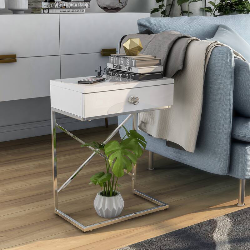 Geneva Modern 18-inch Steel 1-Drawer Side Table with USB Port by Furniture of America