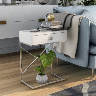 Geneva Modern 18-inch Steel 1-Drawer Side Table with USB Port by Furniture of America