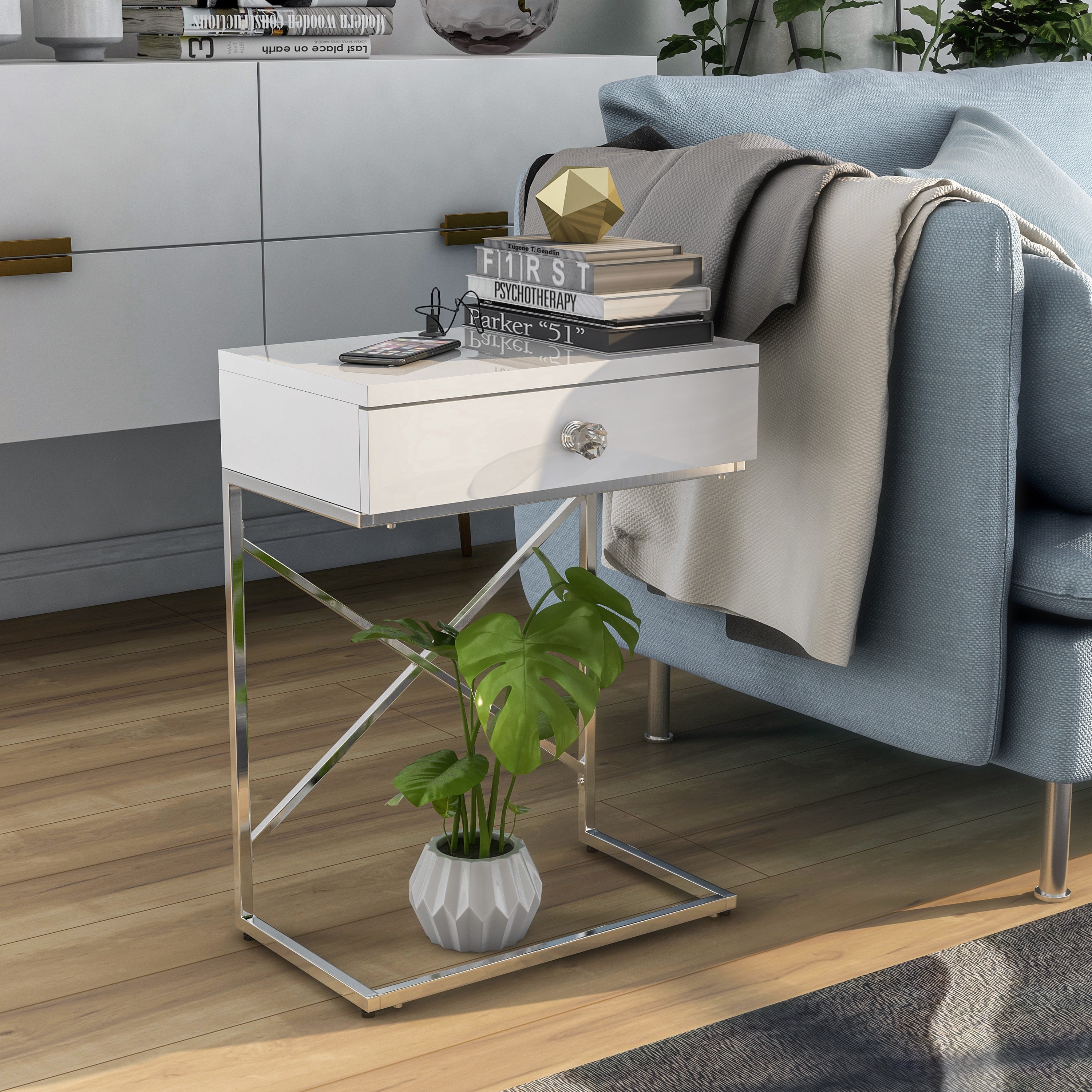 Furniture of America Geneva Modern 18-inch Steel 1-Drawer Side Table with USB Port