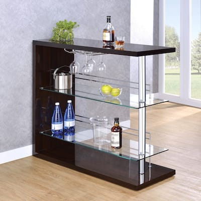 Modern Brown Glossy Bar Unit with Glass Shelves