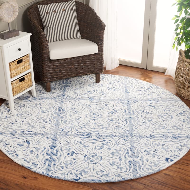SAFAVIEH Handmade Blossom Gertrida Modern Floral Wool Rug - 4' Round - Blue/Ivory