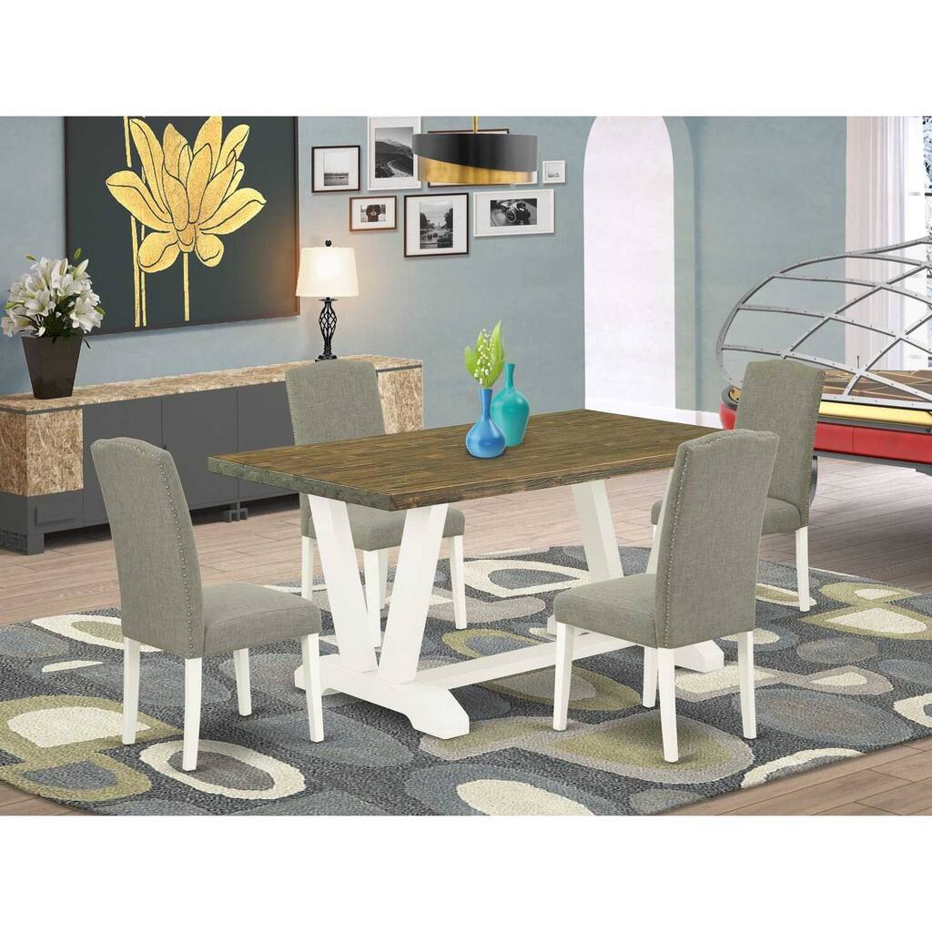 5-Piece Rectangle Distressed Jacobean Finish Solid Wood Top Dining Table with 4 Parson Chair with