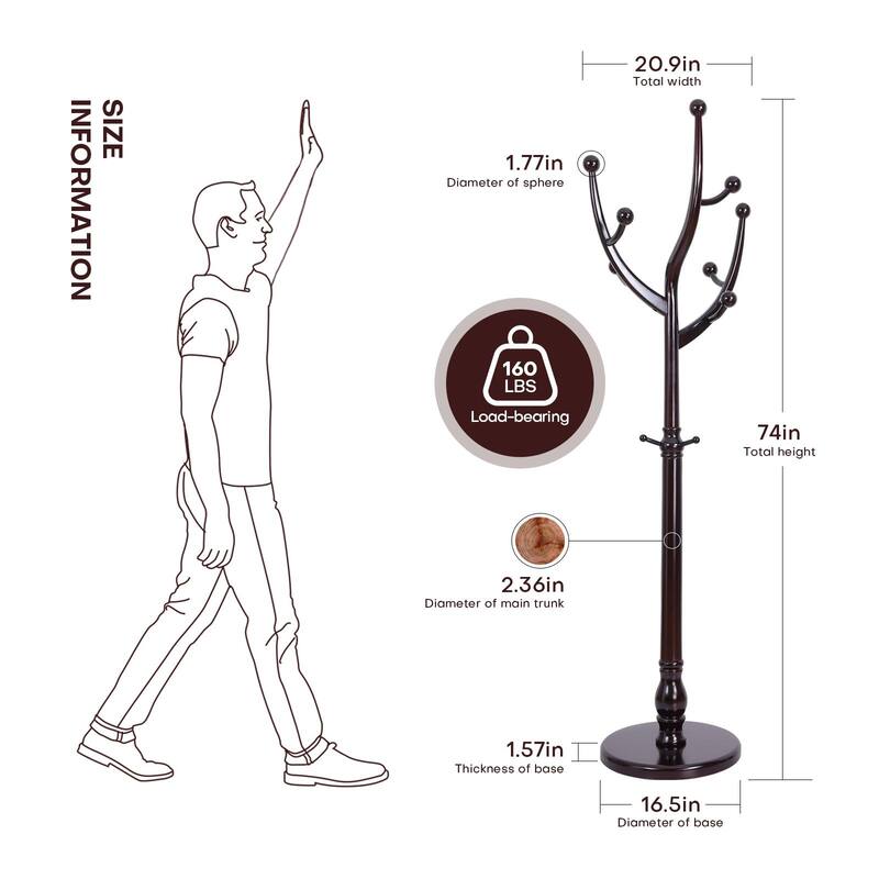 Rubberwood Coat Rack Freestanding, Entryway Coat Tree with Hooks - 74"H x 16.5"Dia