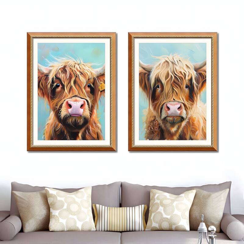 Set of 2 Highland Cow Framed Wall Art - Replaceable Canvas Prints with Solid Wood Picture Frames, Farmhouse Animal Wall Decor - Brown