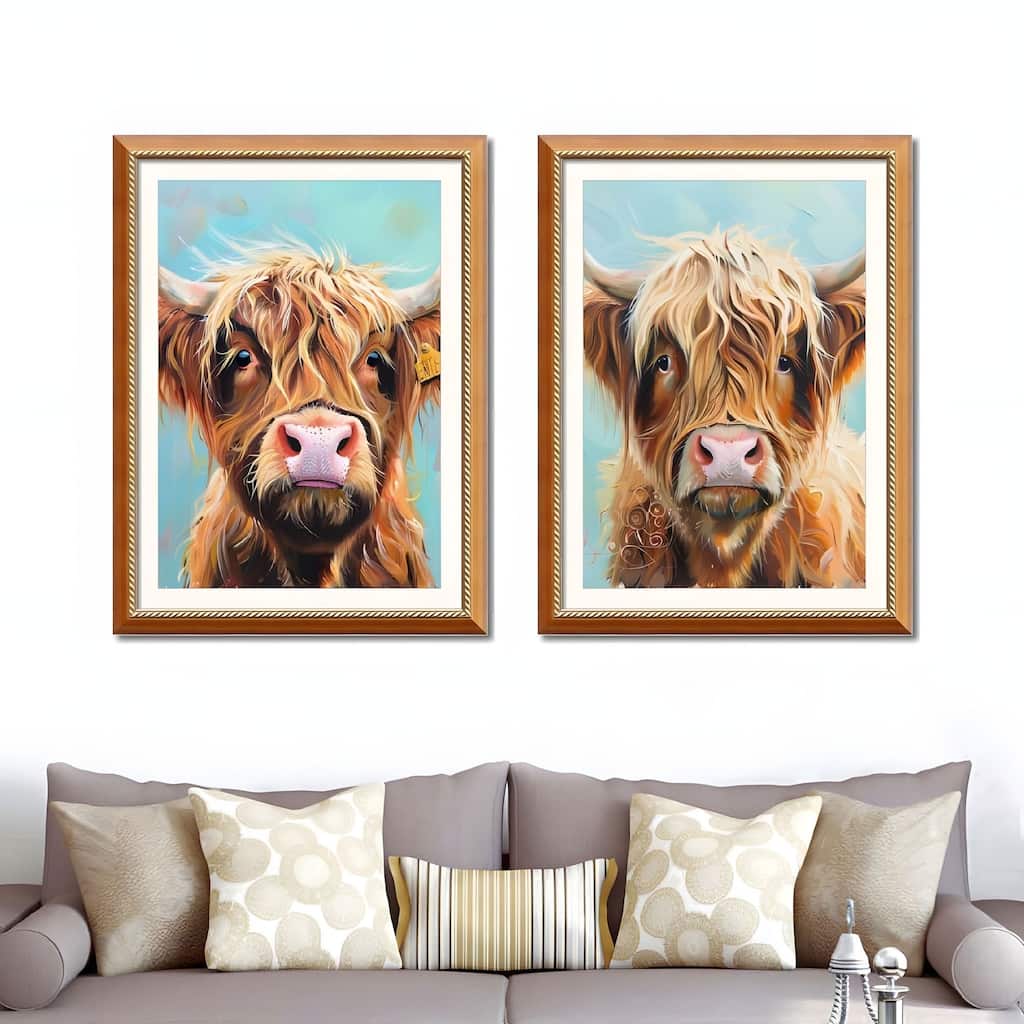 Set of 2 Highland Cow Framed Wall Art - Replaceable Canvas Prints with Solid Wood Picture Frames, Farmhouse Animal Wall Decor
