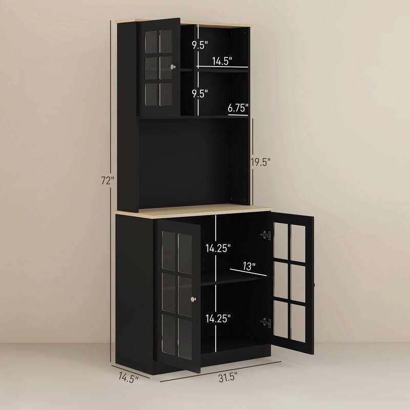 72" Freestanding Kitchen Pantry Cabinet with Hutch, Large Countertop, Glass Doors, and Adjustable Shelves