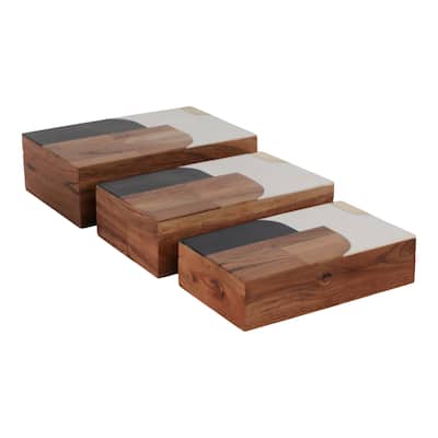 Sagebrook Home Modern Decorative Storage Boxes - Set of 3 Resin, Wood & Fabric Stylish Organizers