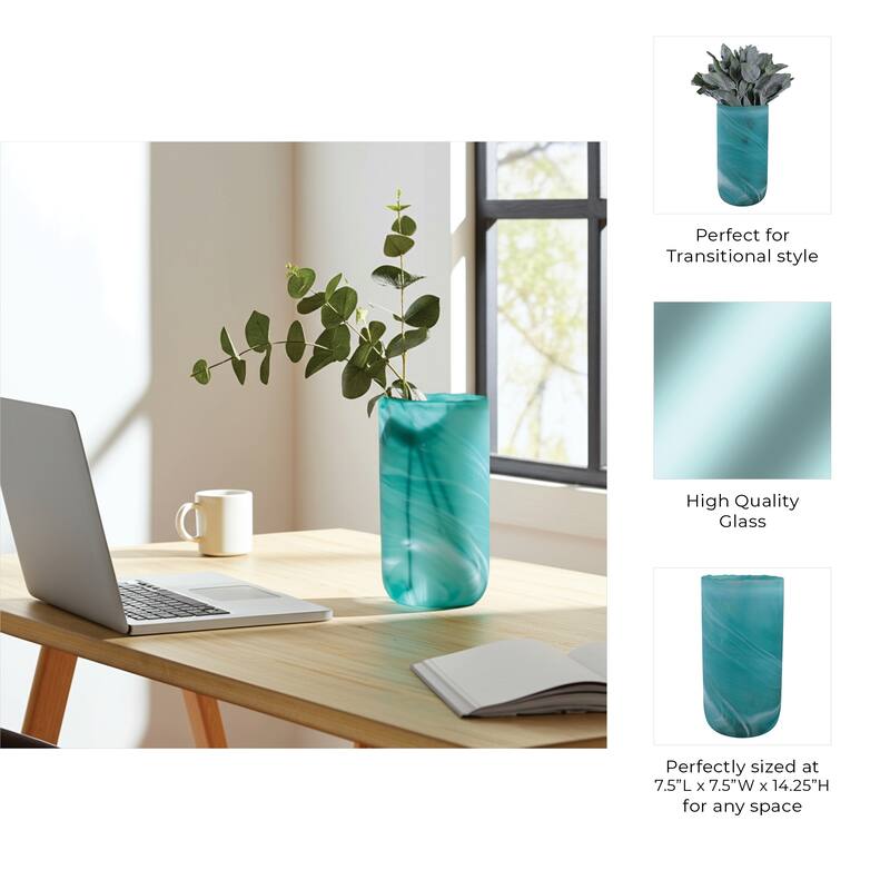 Glass Vase Modern Swirled Flower Pattern Coastal Inspired Tall Accent