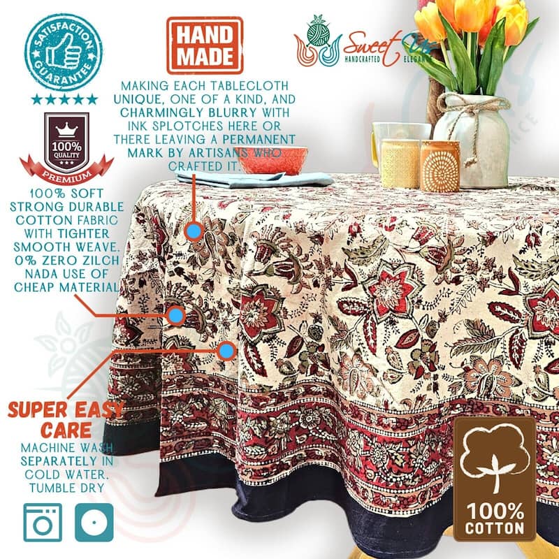 Blooming Flower Block Print Floral Cotton Tablecloth Collection