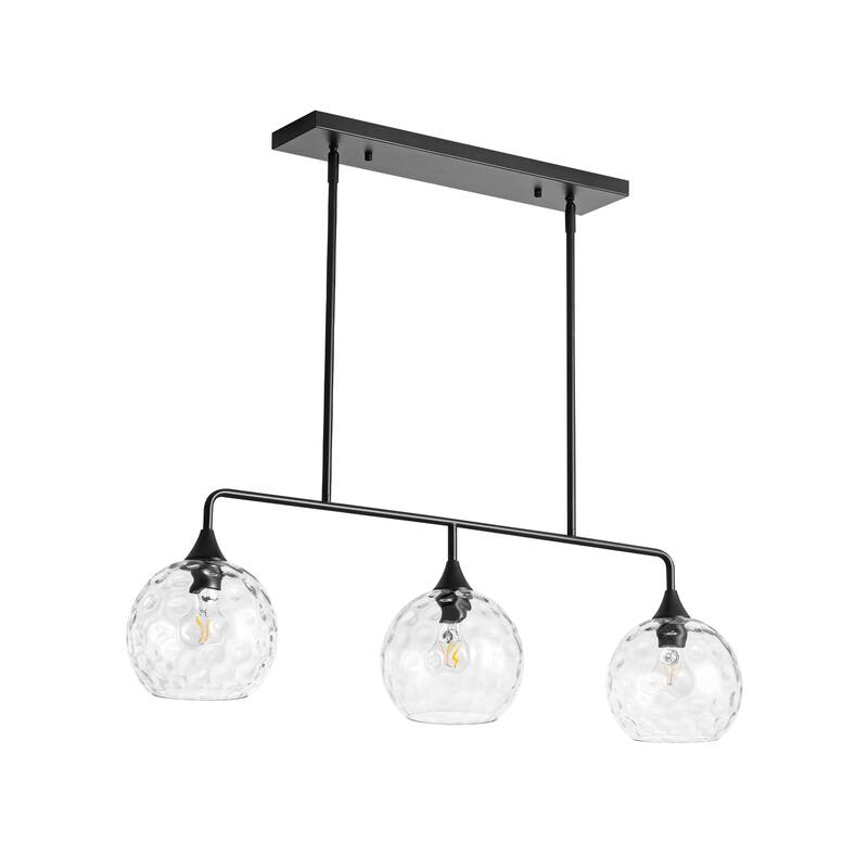 3-Light Modern Black/Brushed Gold Linear Chandelier for Kitchen Island with Clear Textured Glass Globe Shades