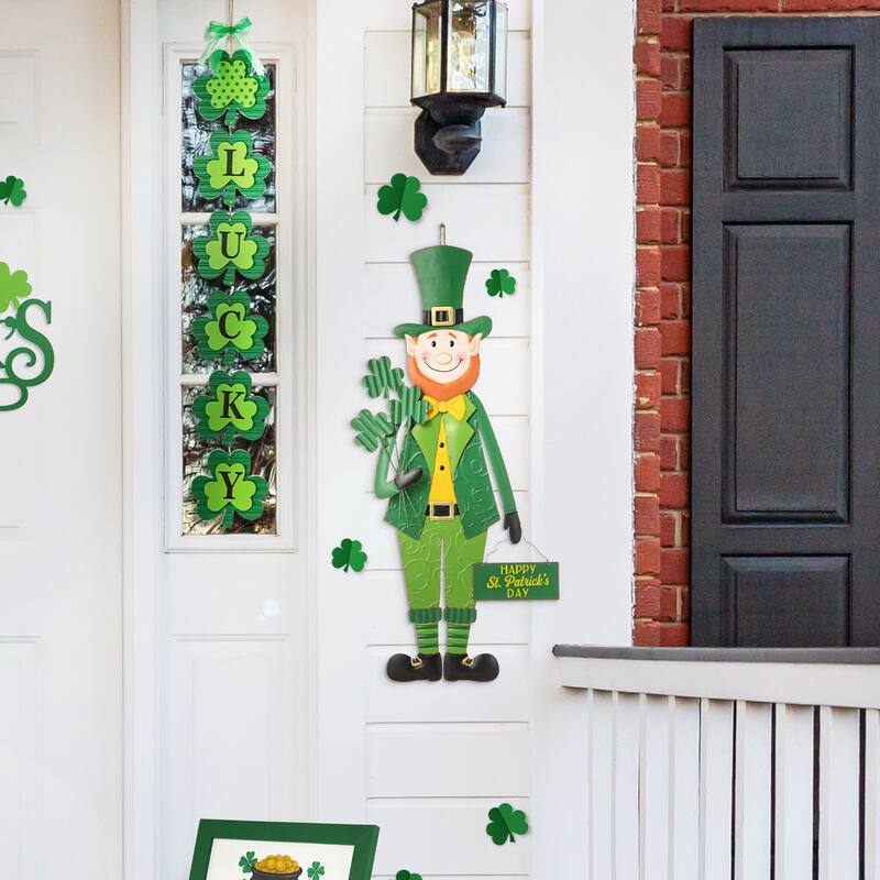 Glitzhome 36"H St. Patrick's Metal Leprechaun Decor(Three Function)