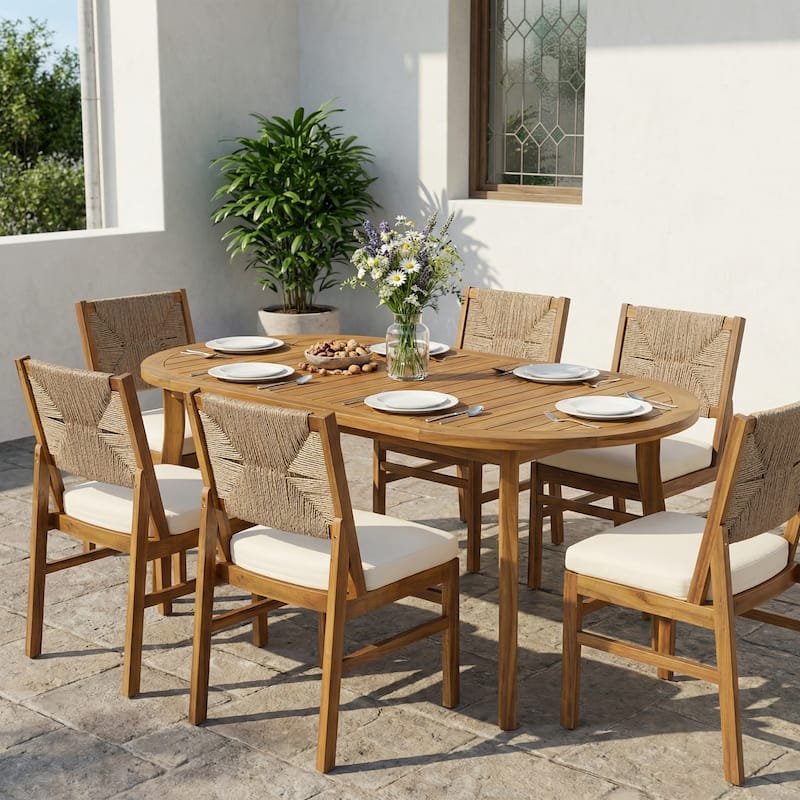 Christopher Knight Home - Arly Outdoor Acacia Wood Dining Set with Woven Wicker Chairs & 70" Oval Dining Table - Cream+Light Brown+Teak Finish