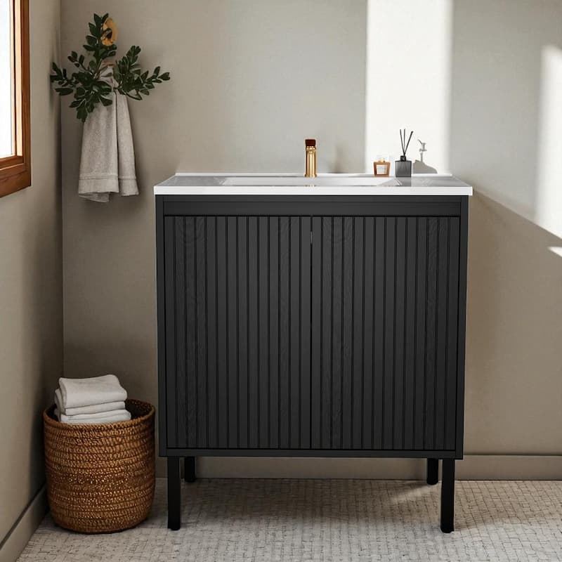 30 Inch Bathroom Vanity with Sink, Floor Standing Cabinet with Soft-Close Drawers and Modern Storage Design - Black