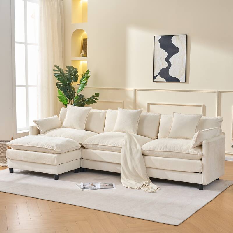 L Shaped Modular Sectional Sofa with Movable Ottoman, Chenille Upholstered Cloud Couch, Deep Seat Sofa with Pillow