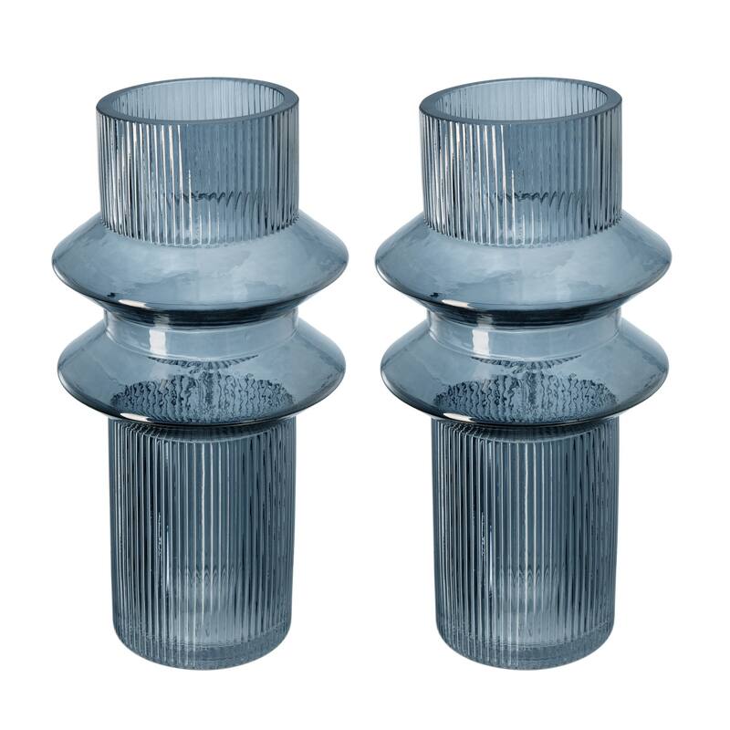 Rae Set of 2 Glass Vases, Tall Round Cylinders, Smokey Blue, Clear Finish - Blue