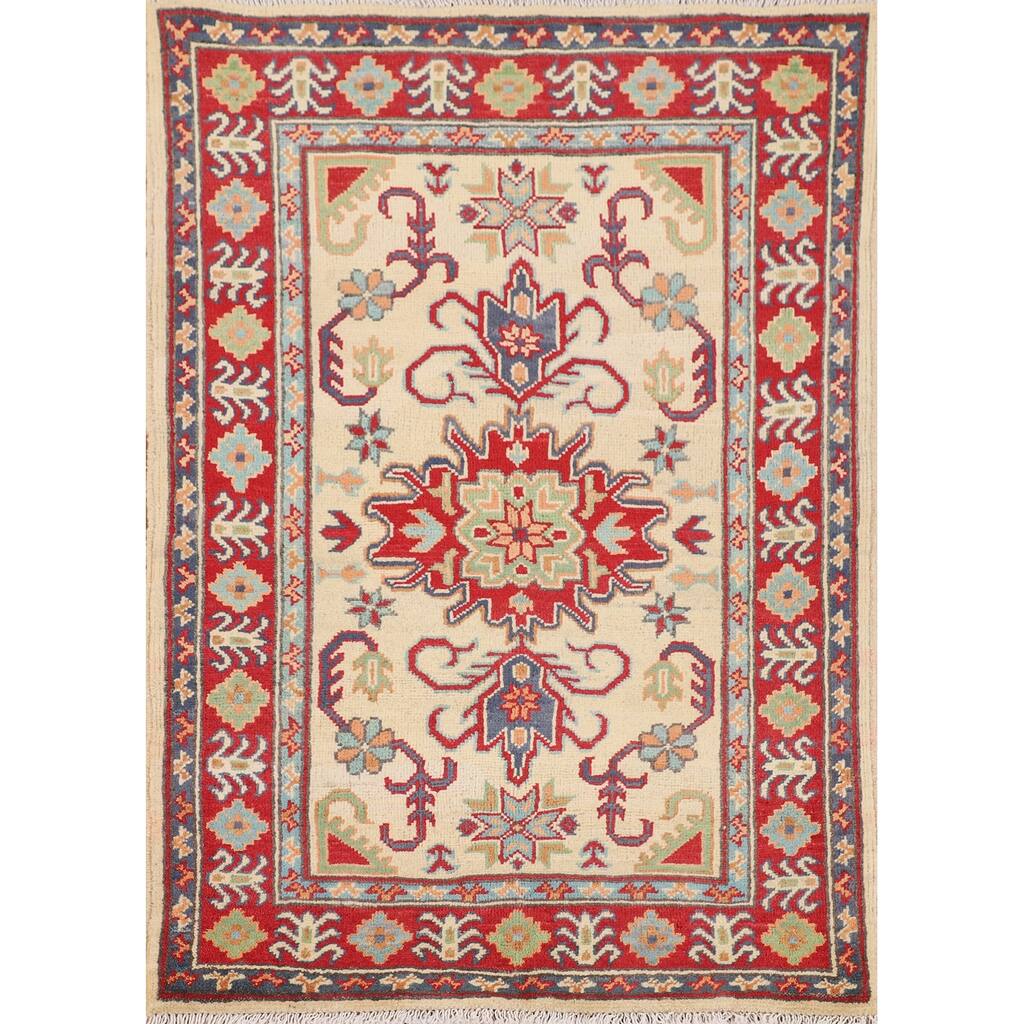 Kazak Accent Rug Hand-Knotted Oriental Beige / Ivory Wool Carpet - 2'9" x 3'10"