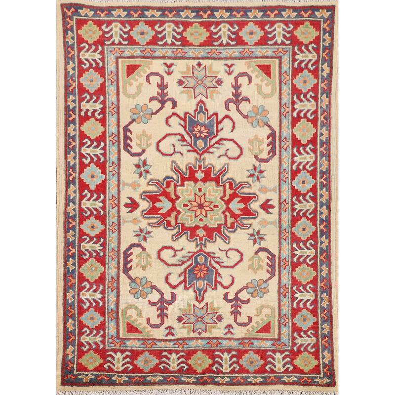 Kazak Accent Rug Hand-Knotted Oriental Beige / Ivory Wool Carpet - 2'9" x 3'10"