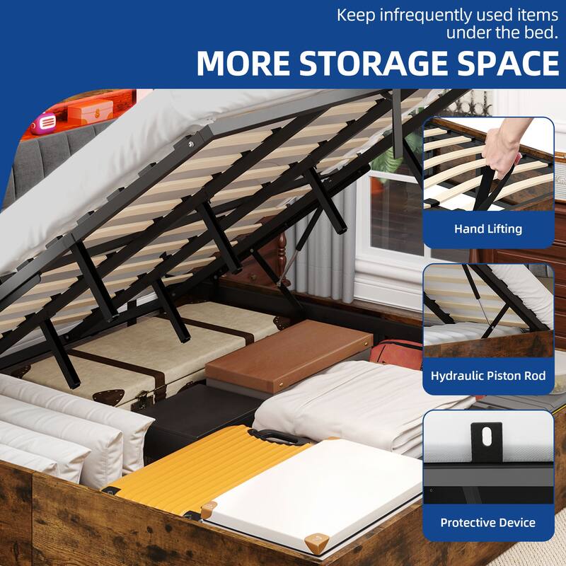 Moasis Lift-Up Storage Bed Frame with Charging Station & Storage Headboard