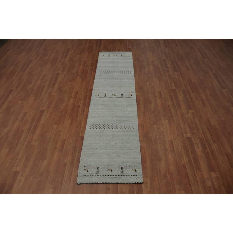 Hand Knotted Oriental 100% Wool Carpet Tribal Animal Pictorial Navy Blue & Blues Gabbeh Runner Rug - 9' 7'' X 2' 4''