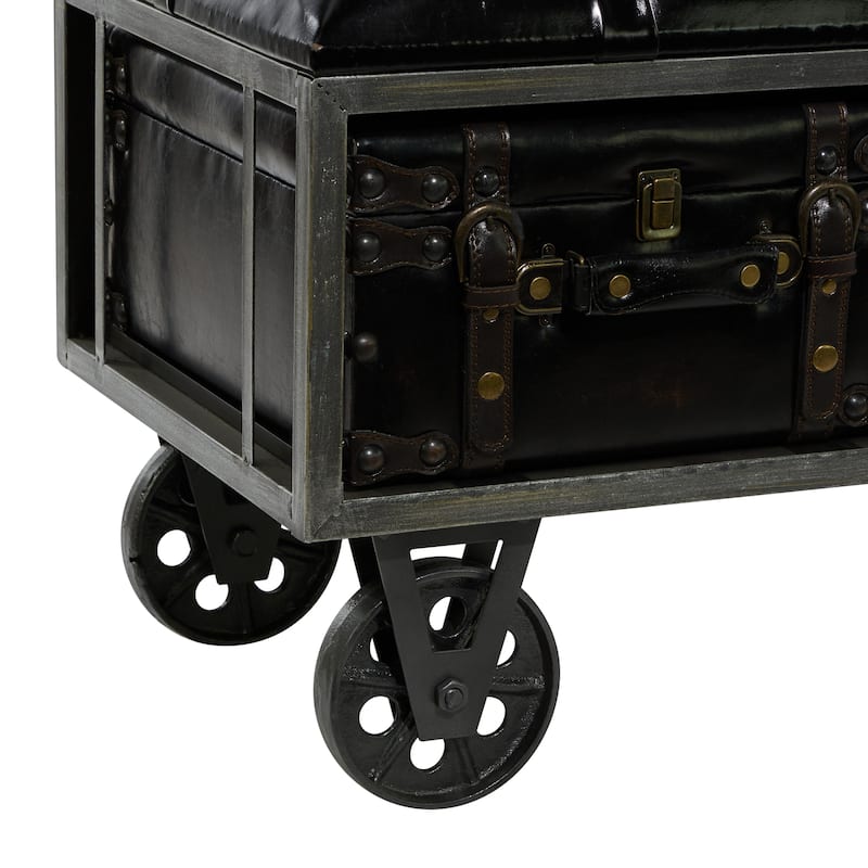 Faux Leather Tufted Upholstered 3 Trunk Room Storage Bench with Industrial Wheels and Gold Accents - Black - Roche River Decor