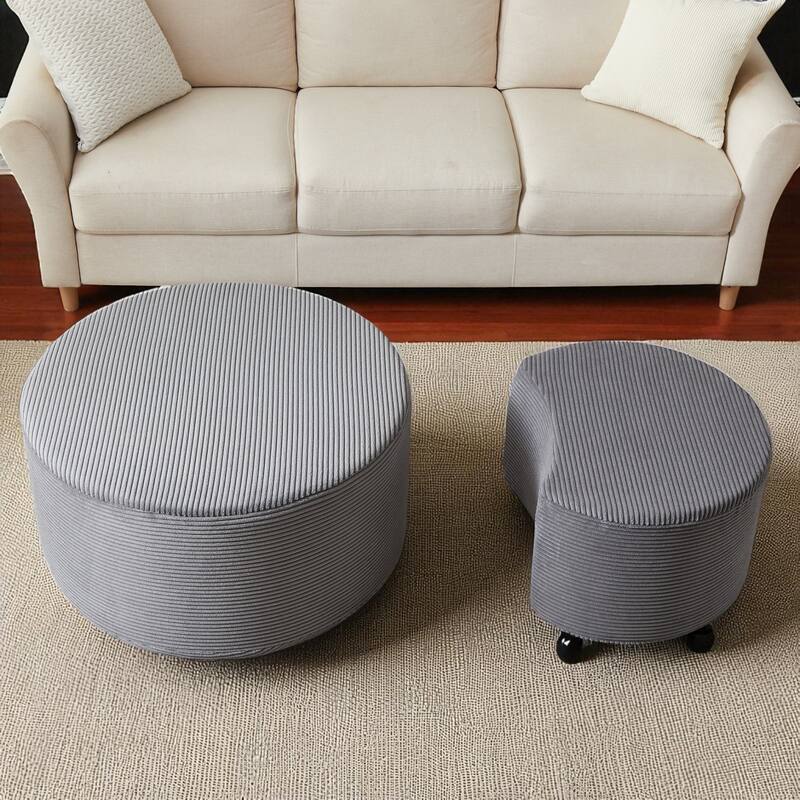 Set of 2 Round Nesting Coffee Tables, Upholstered Corduroy Ottoman Accent Tables, Modern Foam Design, No Assembly