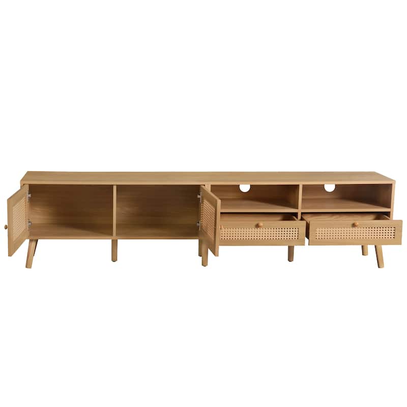 Roomfitters Boho TV Stand for 85" TVs, Farmhouse Media Console with Wood Legs, Entertainment Cabinet for Living Room, Natural