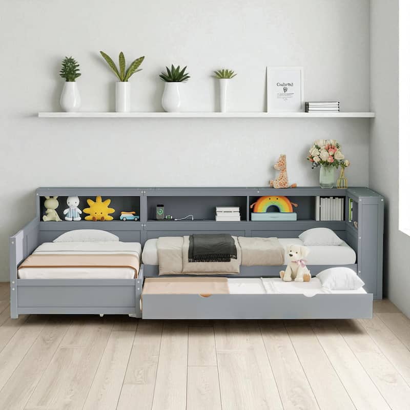 Twin Size L-Shaped Platform Bed with Trundle, Storage Drawer, Shelves, USB Charging Station, Solid Wood Frame