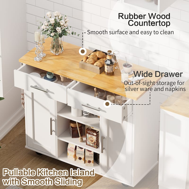 Rolling Kitchen Island with Storage Cabinet & Drawers - Rubber Wood Top for Dining & Kitchen Storage