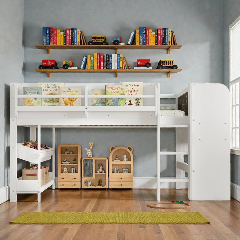 Low Loft Bed with Desk, Storage Bookcases, Drawers & Boxes, Solid Wood Kids Loft Bed with Blackboard Shelf