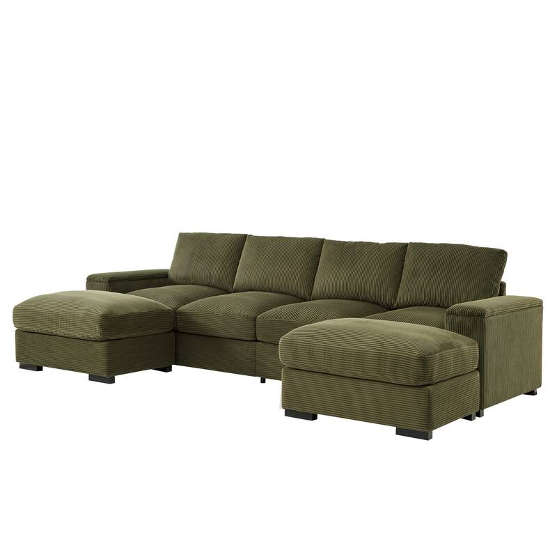 U-shaped corduroy sofa with removable footstool and storage armrests