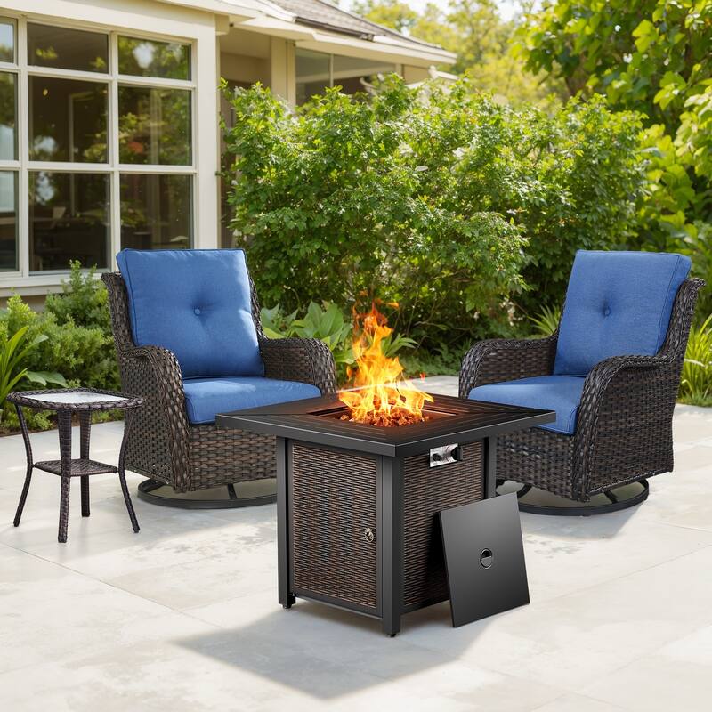 Gymojoy 4-Piece Outdoor Fire Pit Set with 2 Swivel Chairs & Side Table for Patio, Deck, Garden - Brown Wicker / Blue Cusion - 4-Piece