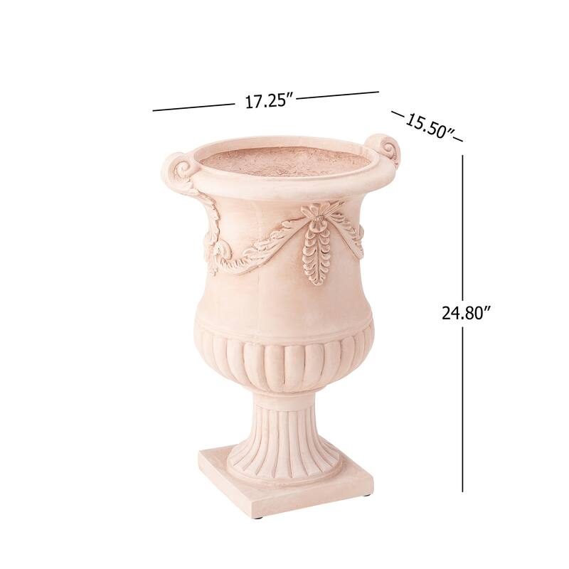 Christopher Knight Home - Fernrise 24.80"H Outdoor Classical Floral Relief Carvings MGO Urn Planter, Drainage Hole & Ventilation