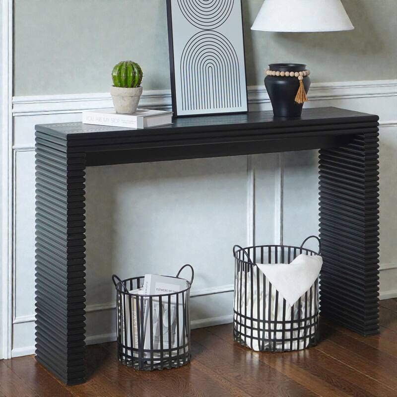 Modern Black Wood Console Table with Ribbed Legs, 47" Narrow Entryway Table for Hallway Living Room