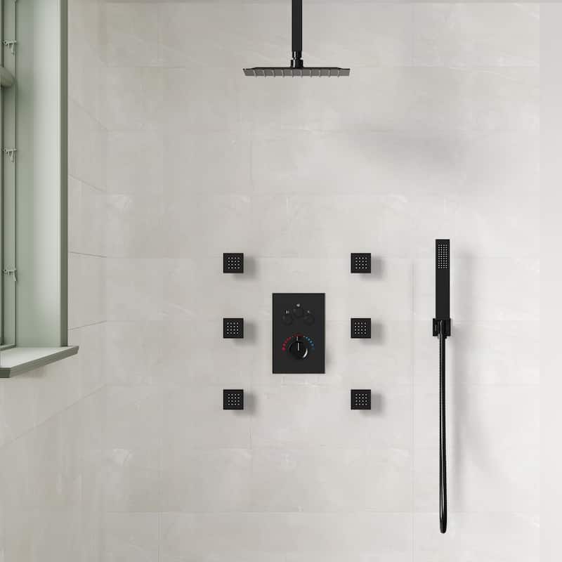 Shower System 12" Ceiling Rain Shower Head with 3-Way Thermostatic Faucet & Body Jets